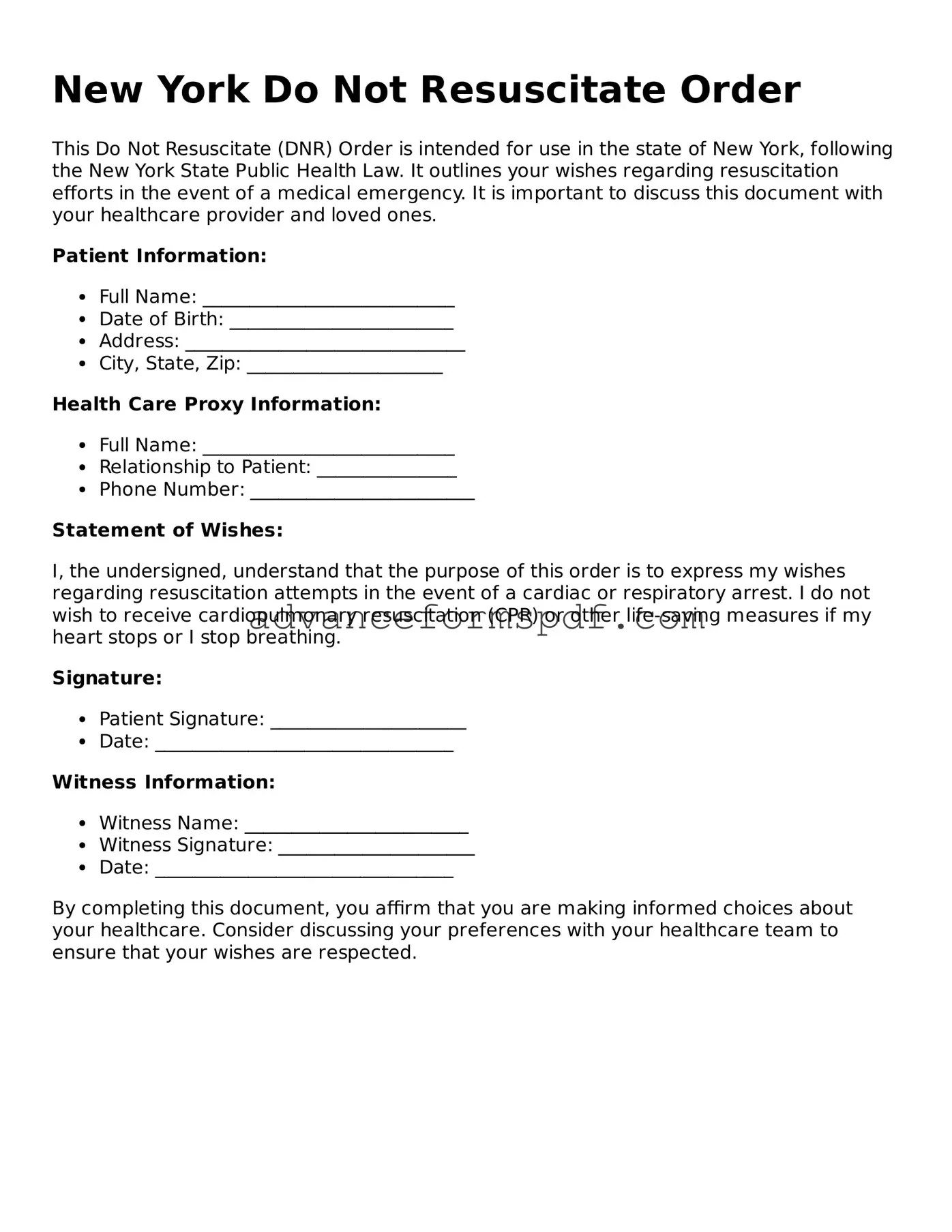 Valid Do Not Resuscitate Order Form for the State of New York