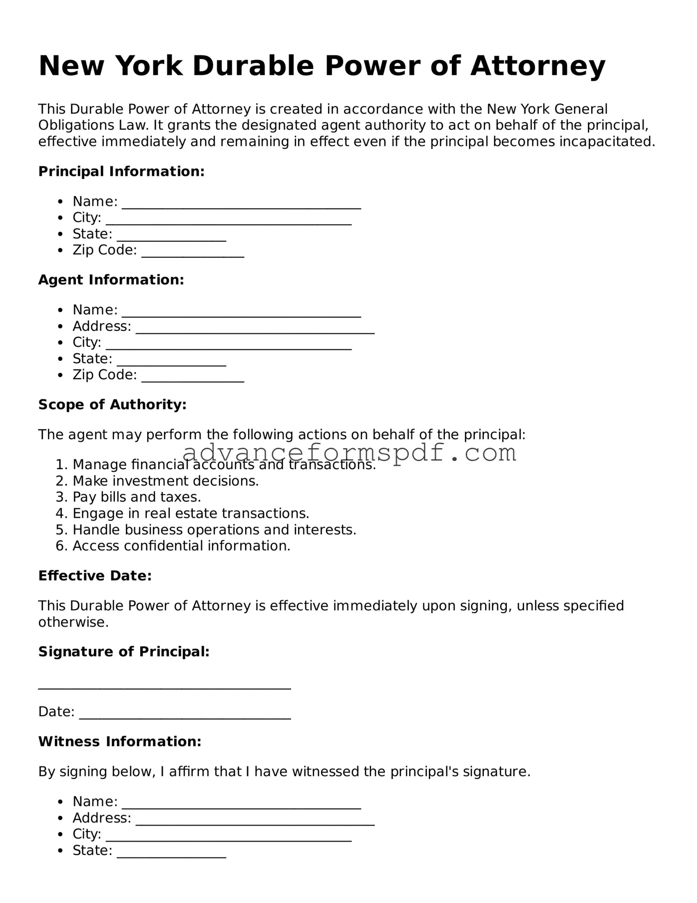 Valid Durable Power of Attorney Form for the State of New York