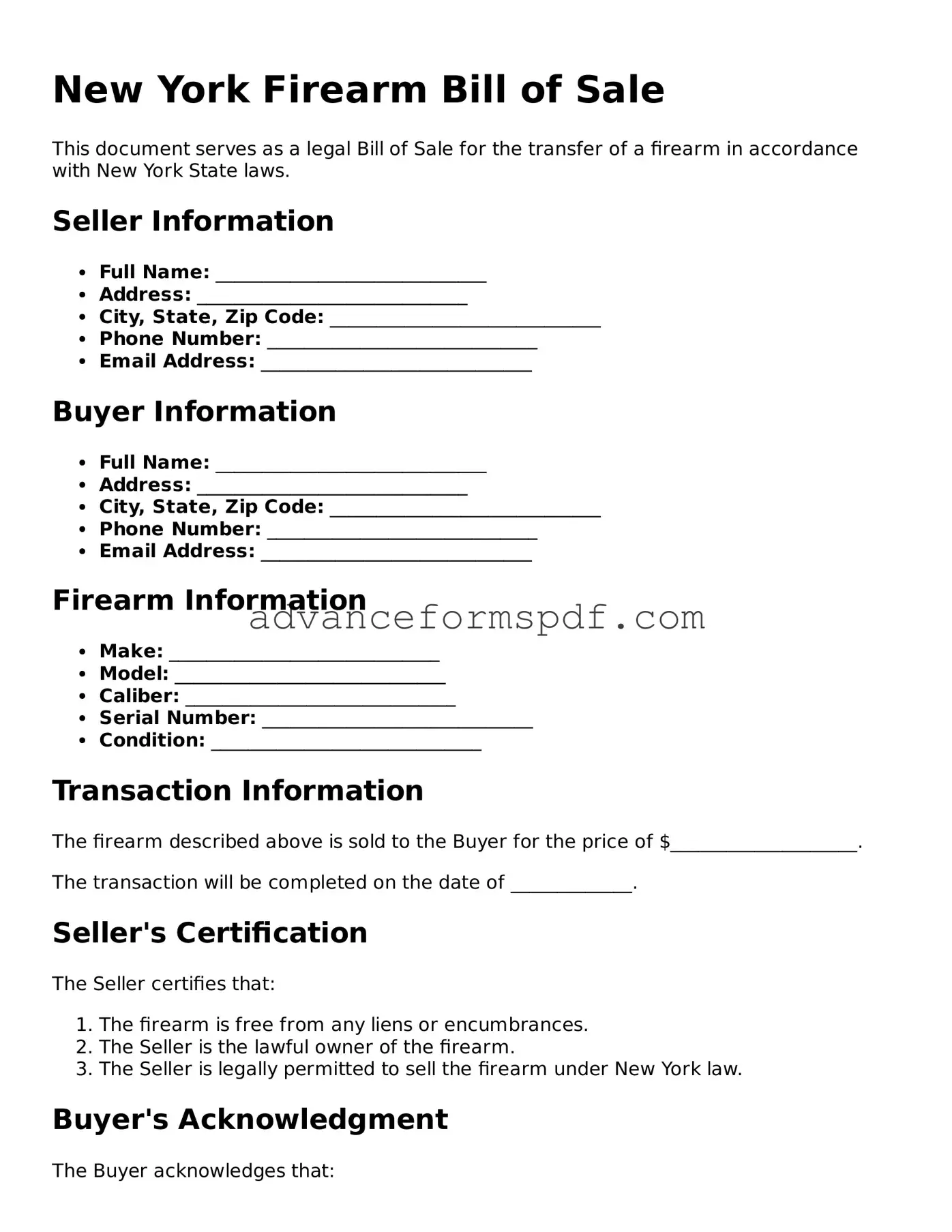 Valid Firearm Bill of Sale Form for the State of New York