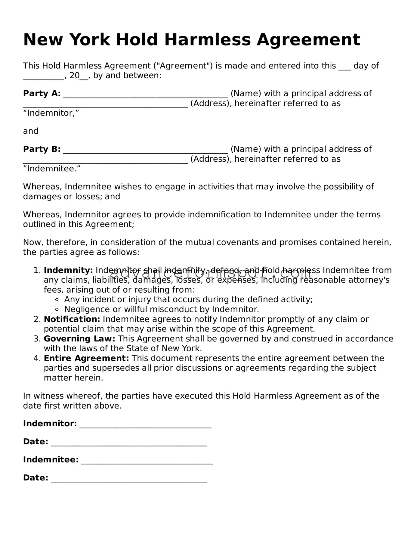 Valid Hold Harmless Agreement Form for the State of New York