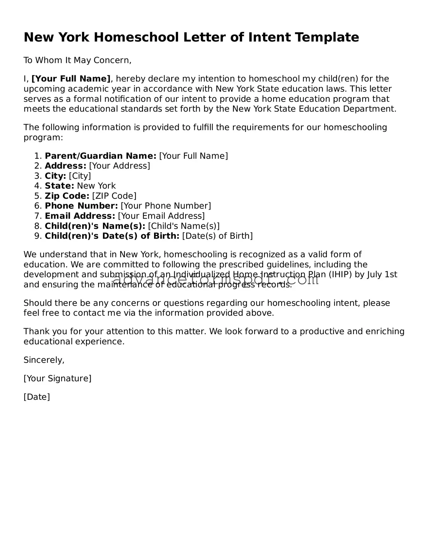 Valid Homeschool Letter of Intent Form for the State of New York