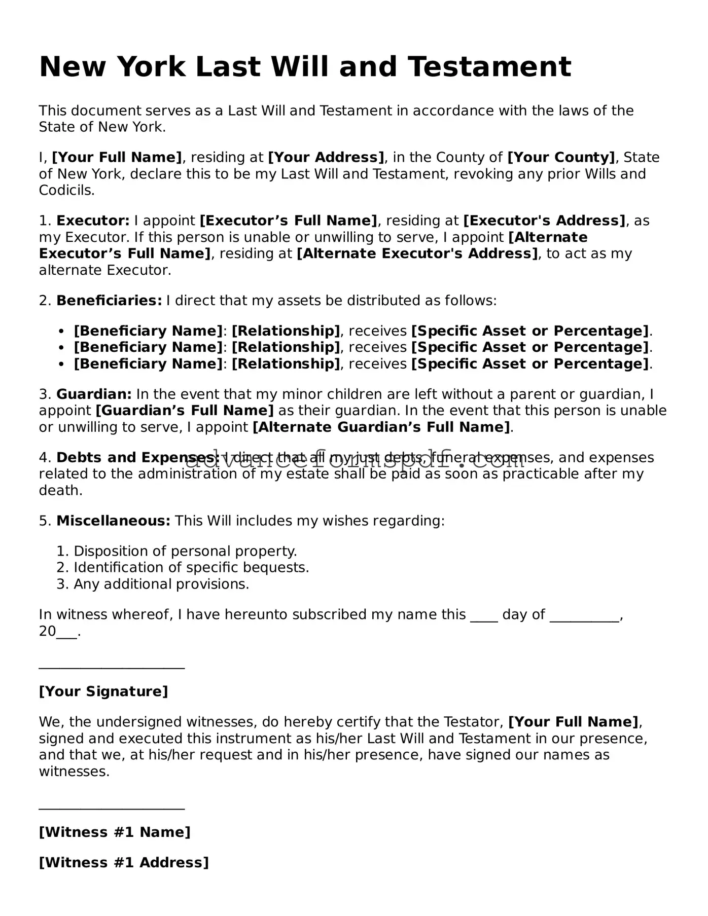 Valid Last Will and Testament Form for the State of New York