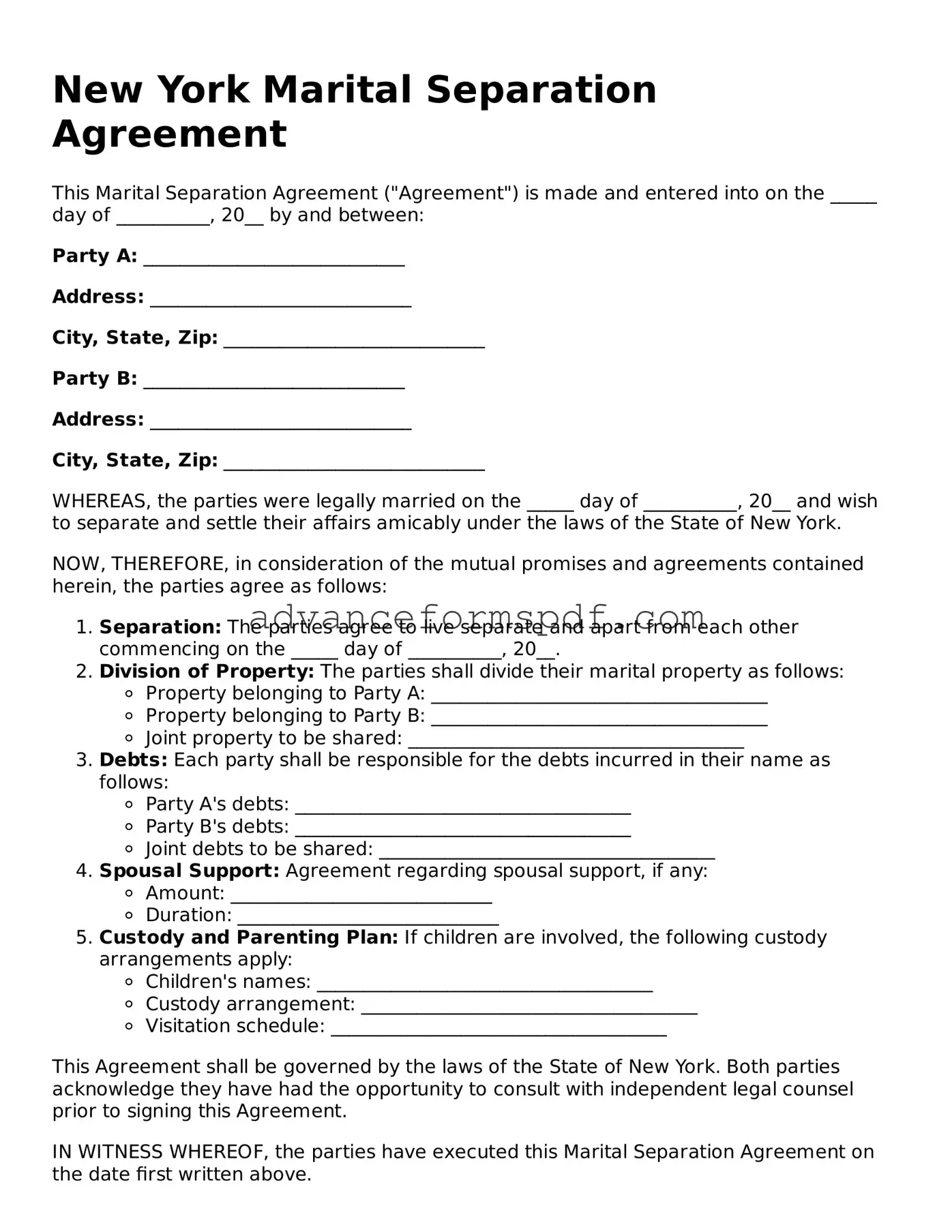 Valid Marital Separation Agreement Form for the State of New York