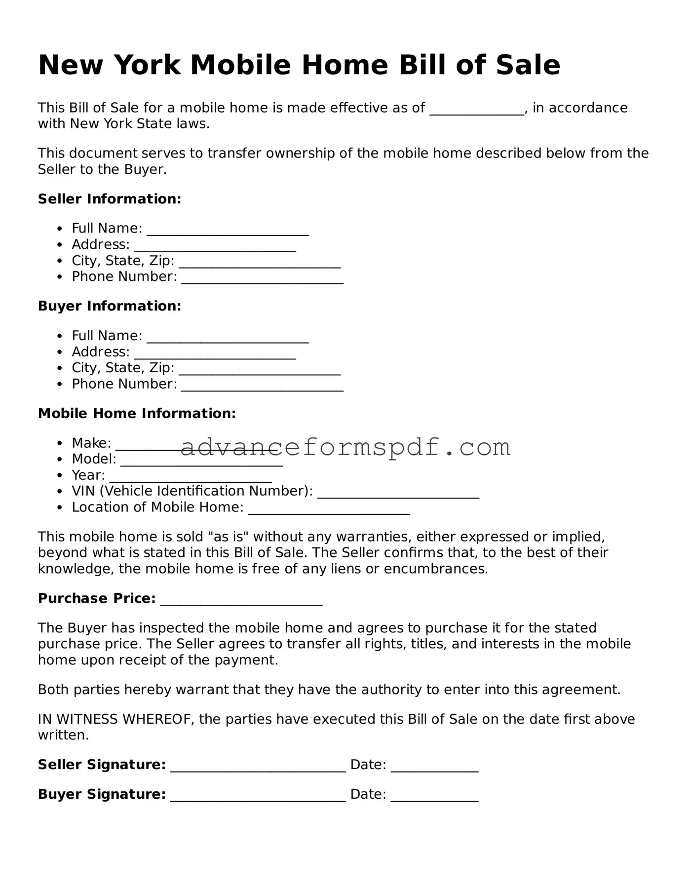 Valid Mobile Home Bill of Sale Form for the State of New York
