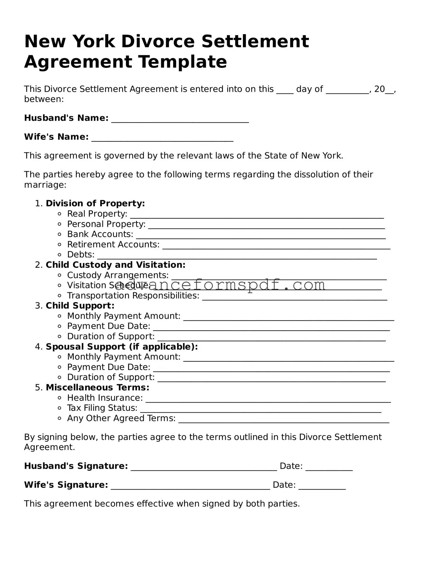Valid Divorce Settlement Agreement Form for the State of New York
