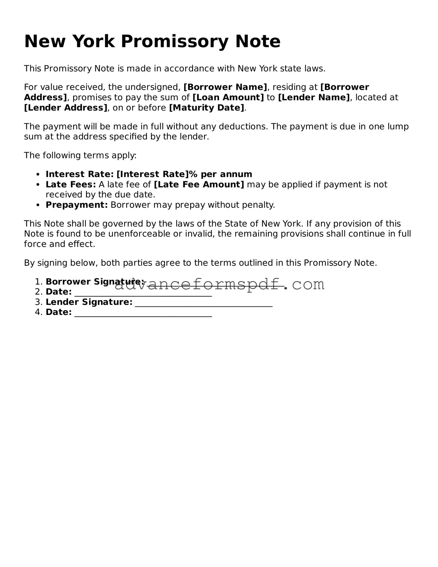 Valid Promissory Note Form for the State of New York