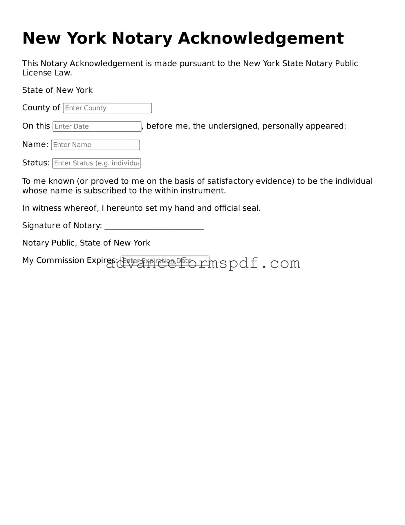 Valid Notary Acknowledgement Form for the State of New York