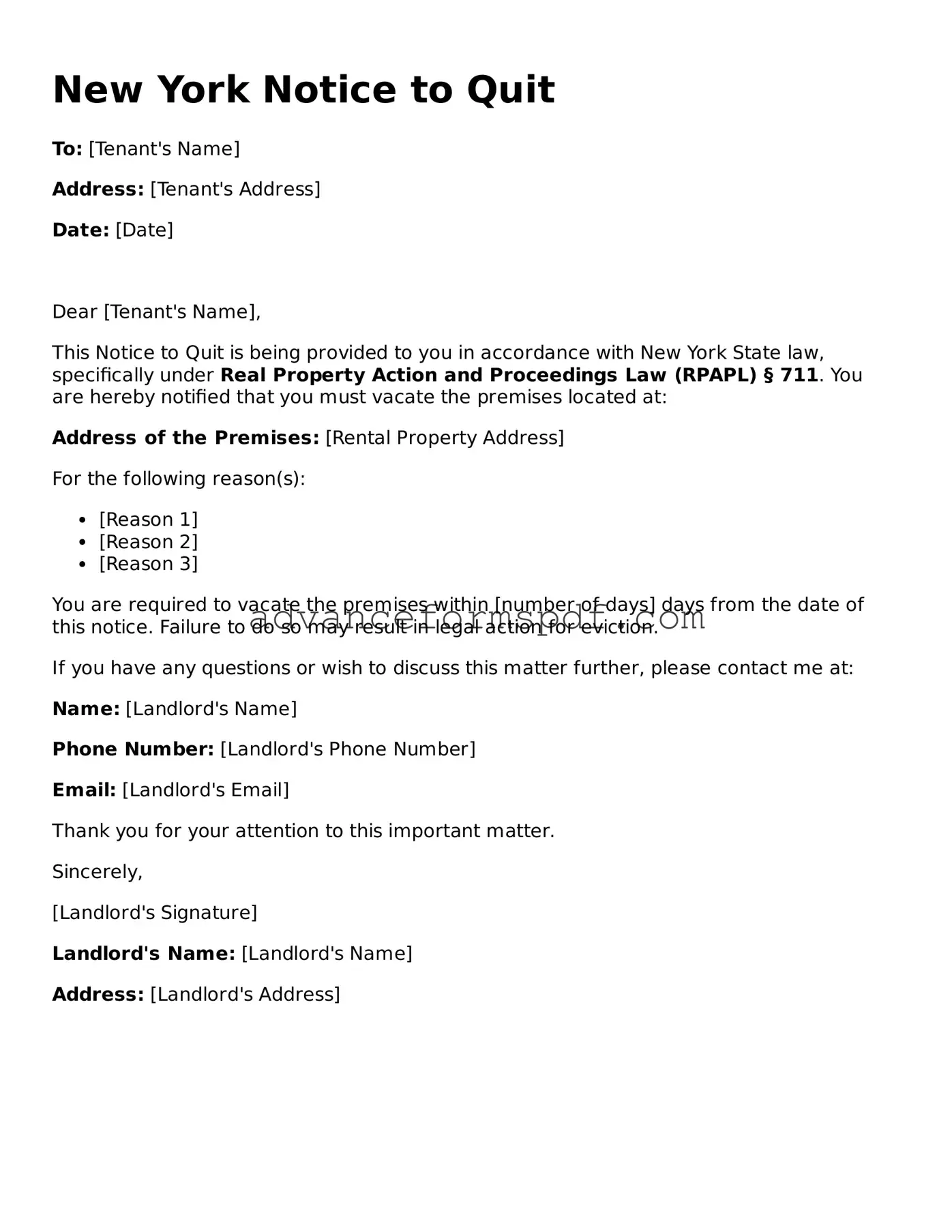 Valid Notice to Quit Form for the State of New York