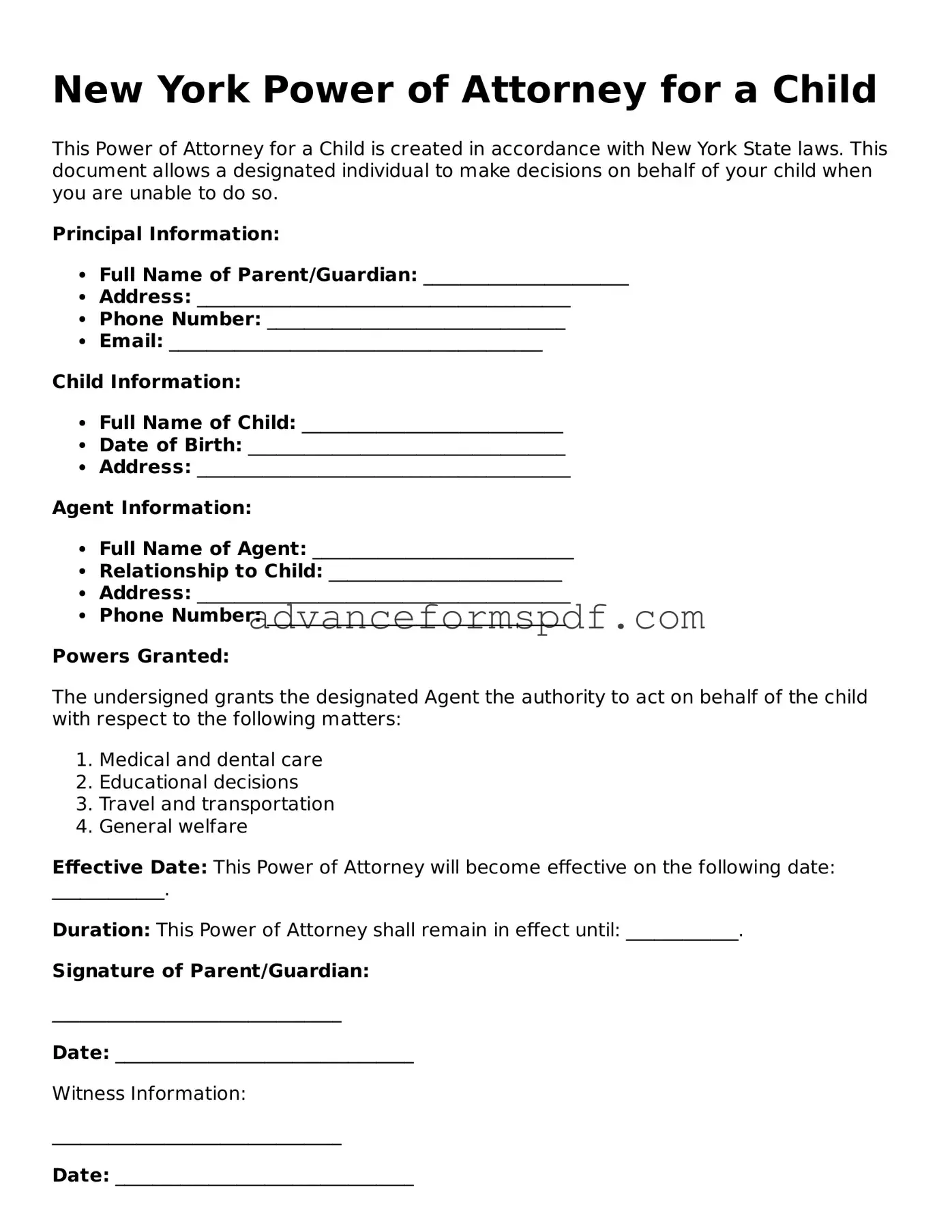 Valid Power of Attorney for a Child Form for the State of New York