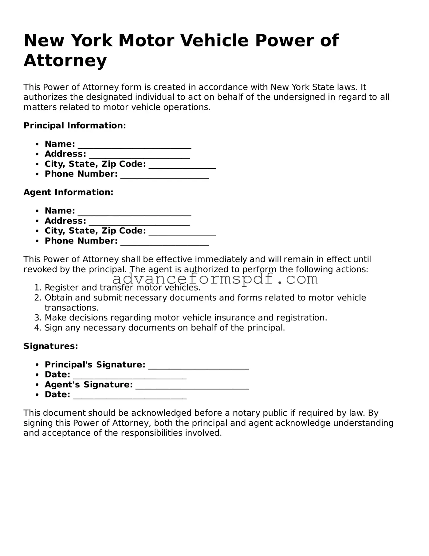 Valid Motor Vehicle Power of Attorney Form for the State of New York