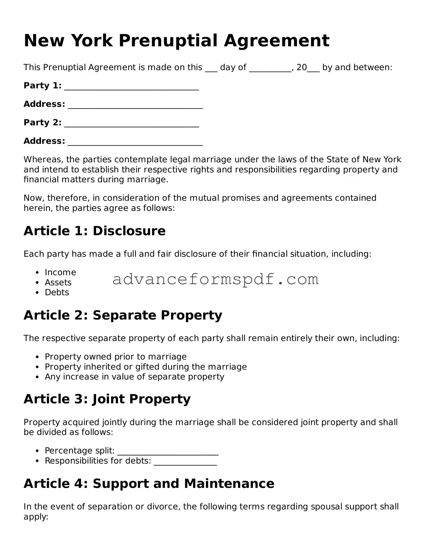 Valid Prenuptial Agreement Form for the State of New York