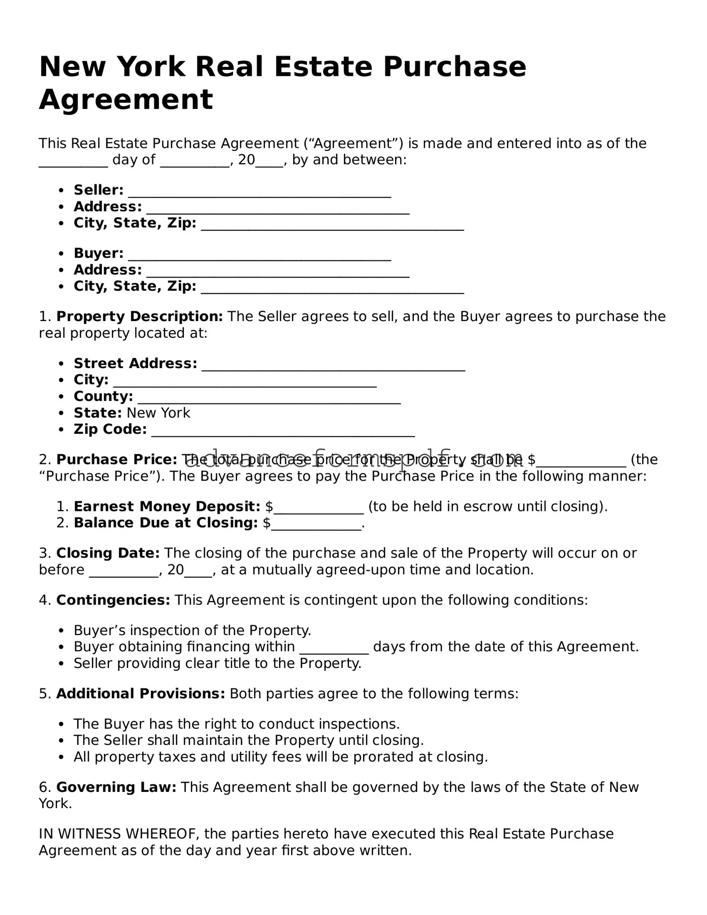 Valid Real Estate Purchase Agreement Form for the State of New York