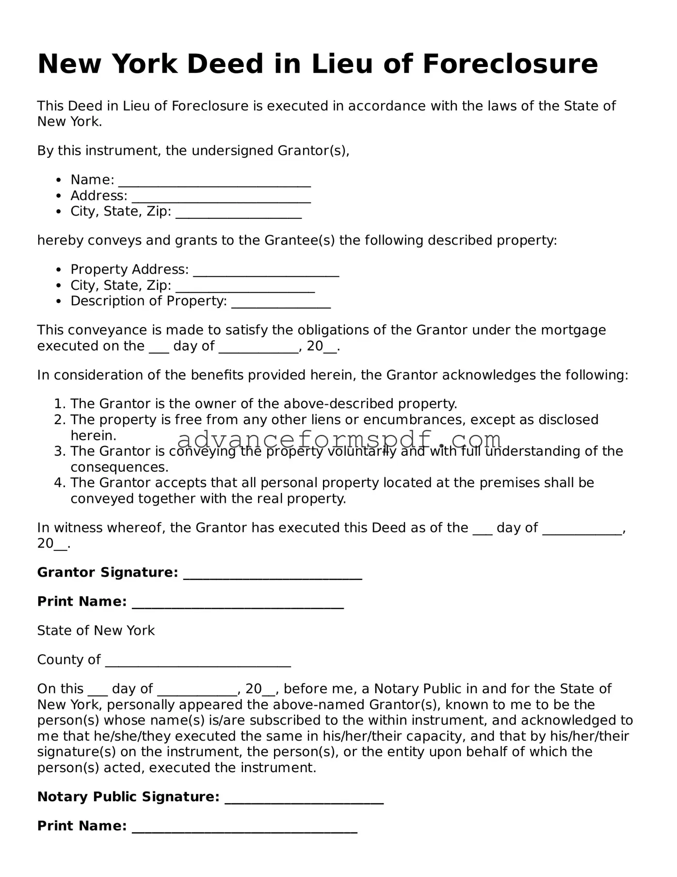 Valid Deed in Lieu of Foreclosure Form for the State of New York