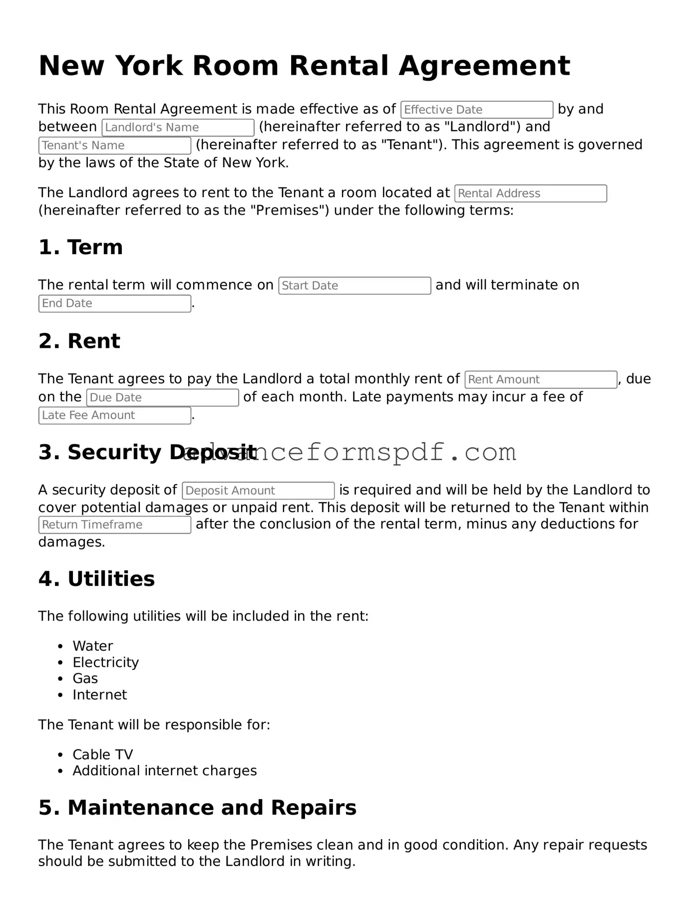 Valid Room Rental Agreement Form for the State of New York