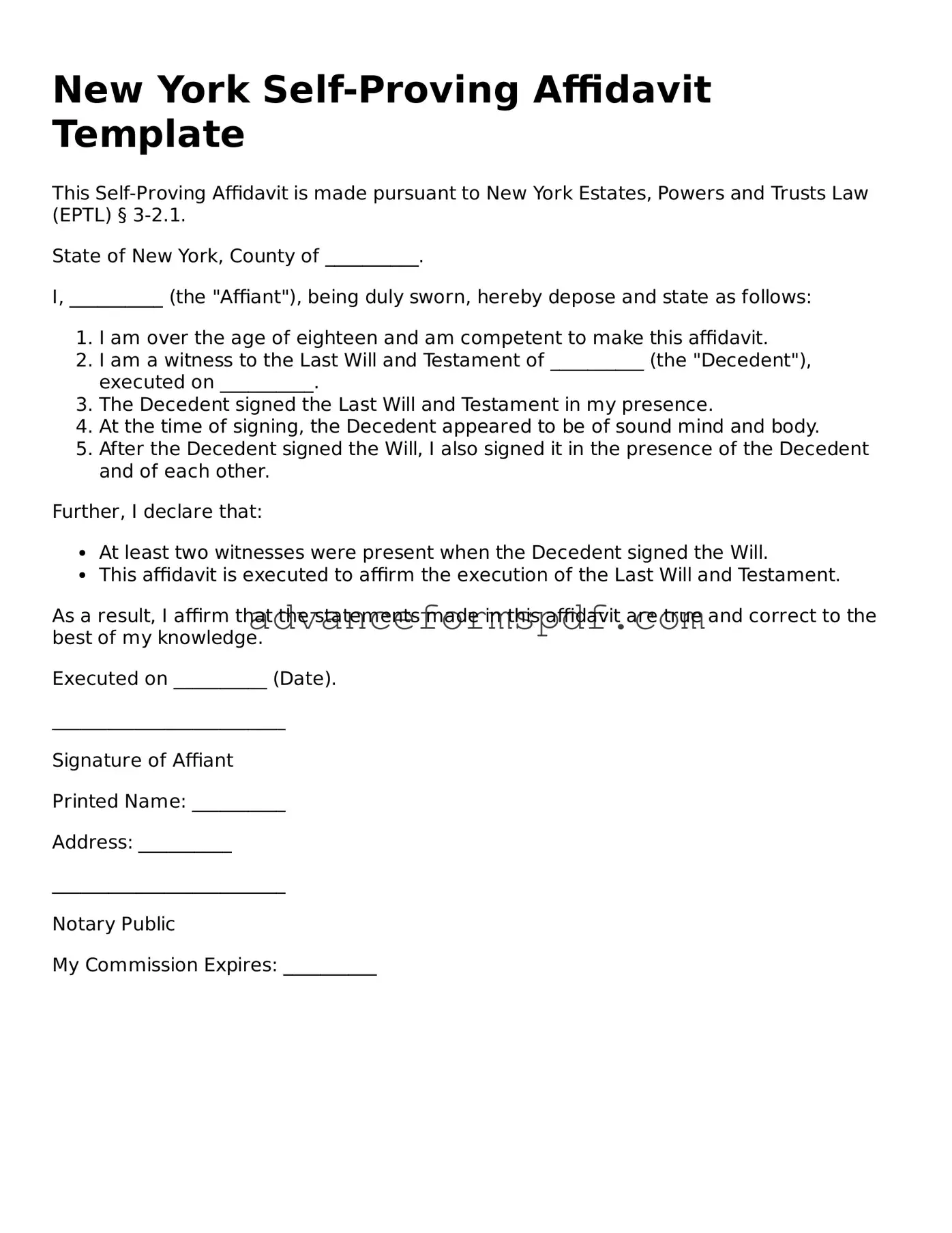 Valid Self-Proving Affidavit Form for the State of New York