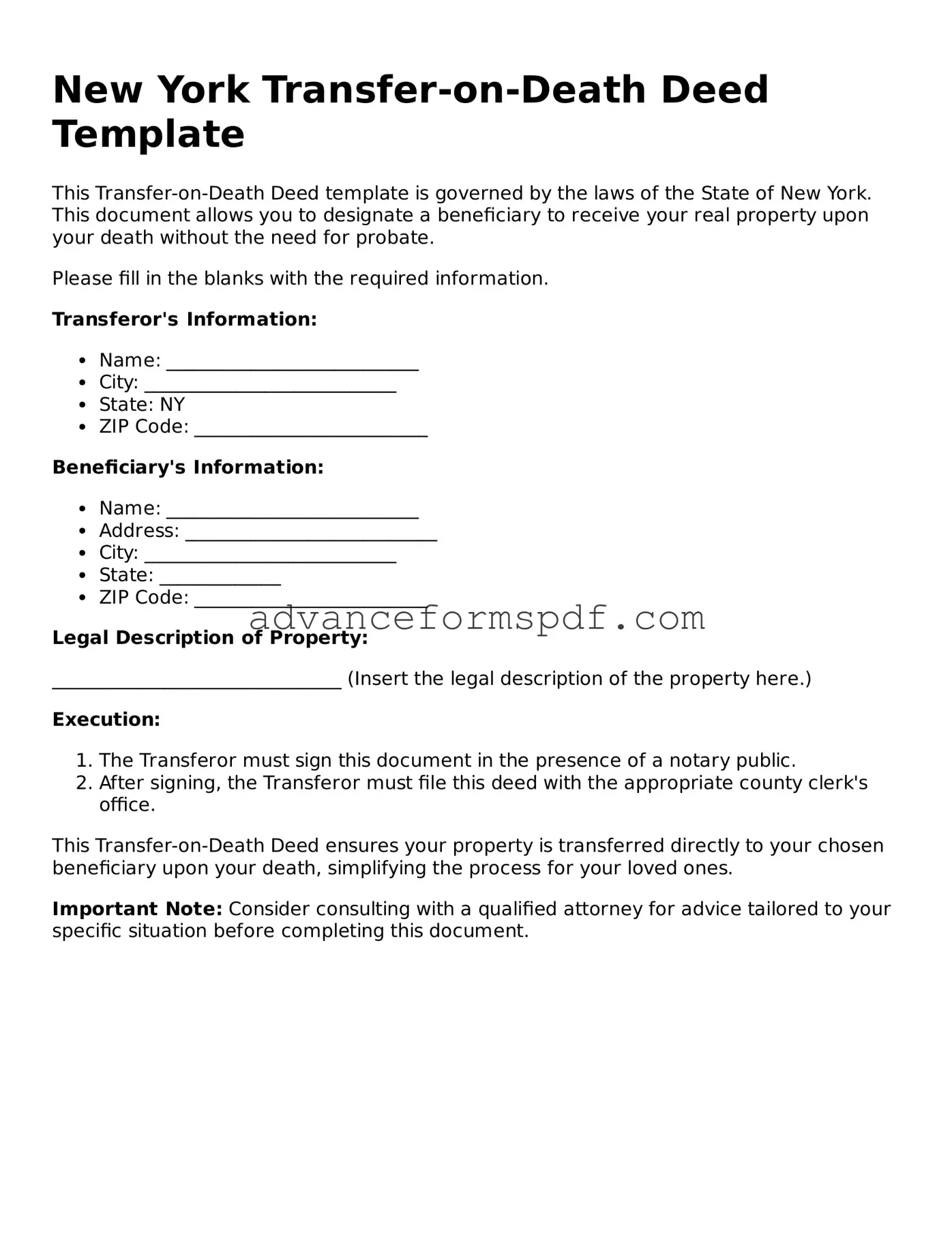 Valid Transfer-on-Death Deed Form for the State of New York