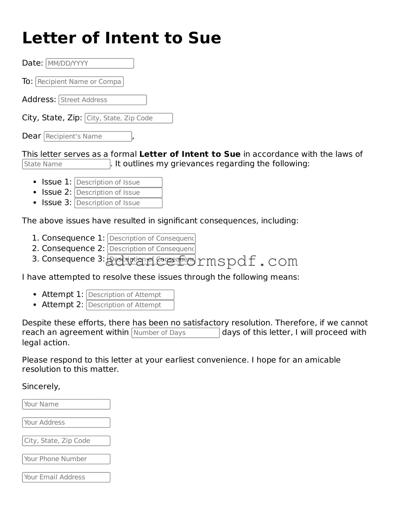 Free Letter of Intent to Sue Document