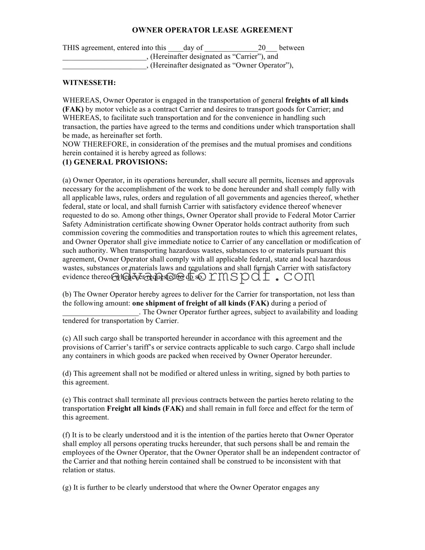 Download Owner Operator Lease Agreement Form in PDF