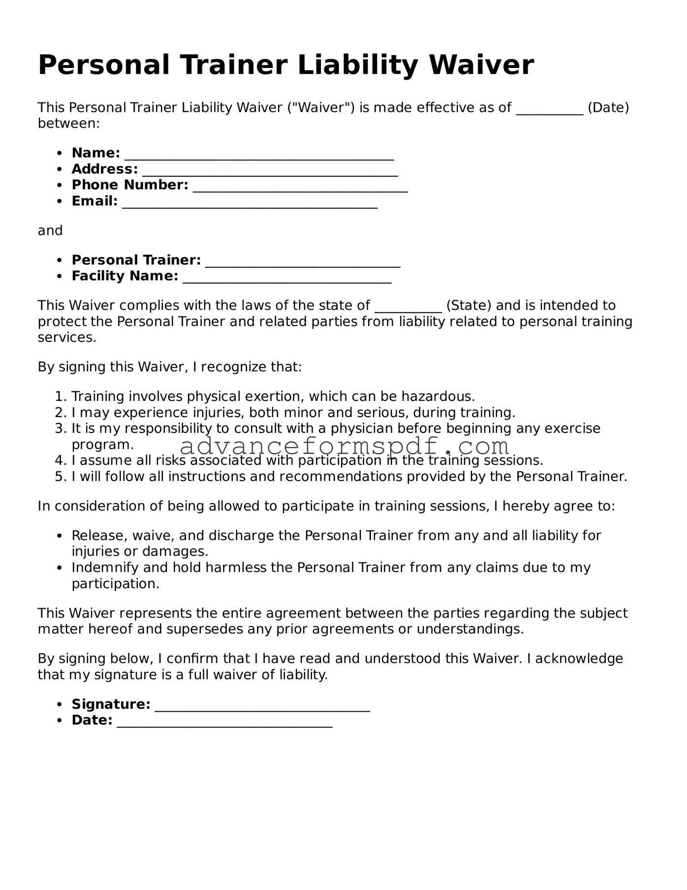 Free Personal Trainer Liability Waiver Document