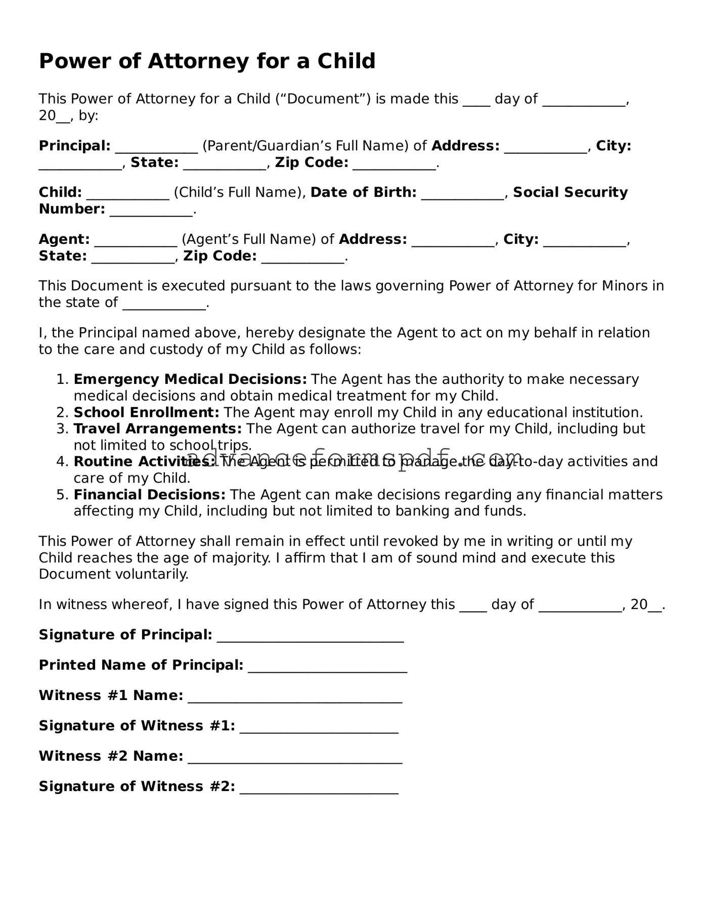 Free Power of Attorney for a Child Document
