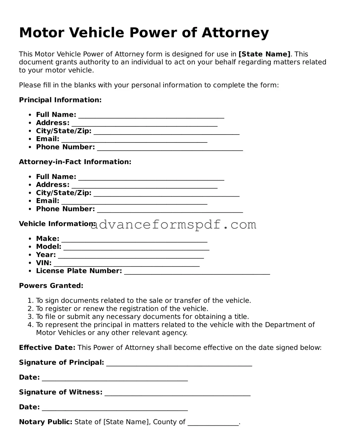 Free Motor Vehicle Power of Attorney Document