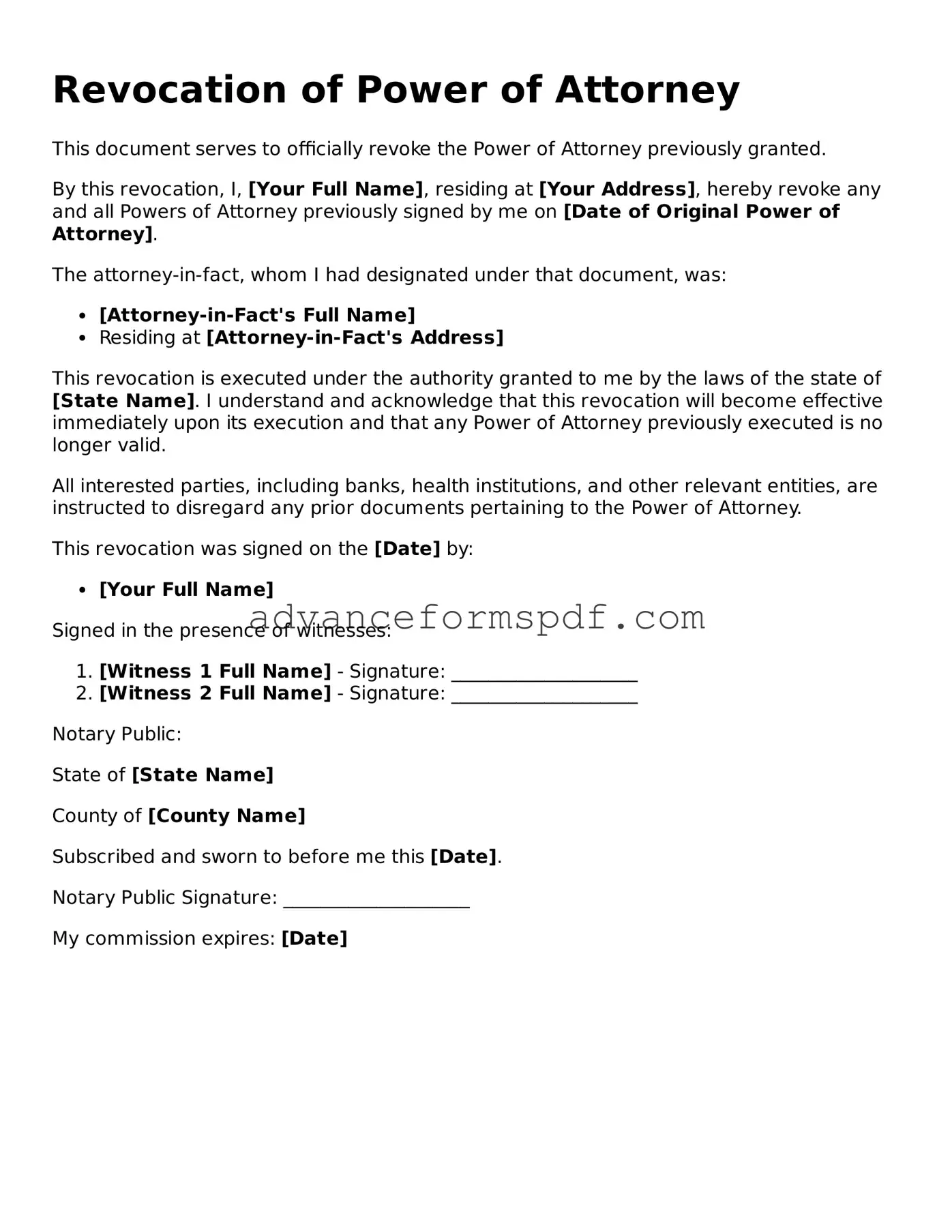 Free Revocation of Power of Attorney Document