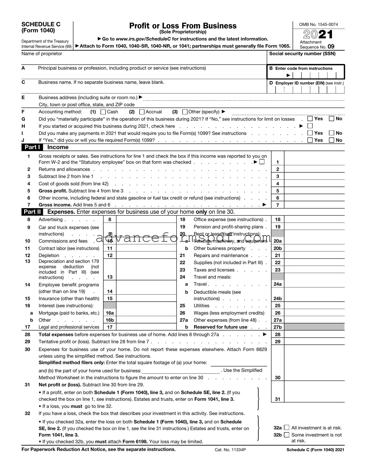 Download IRS Schedule C 1040 Form in PDF