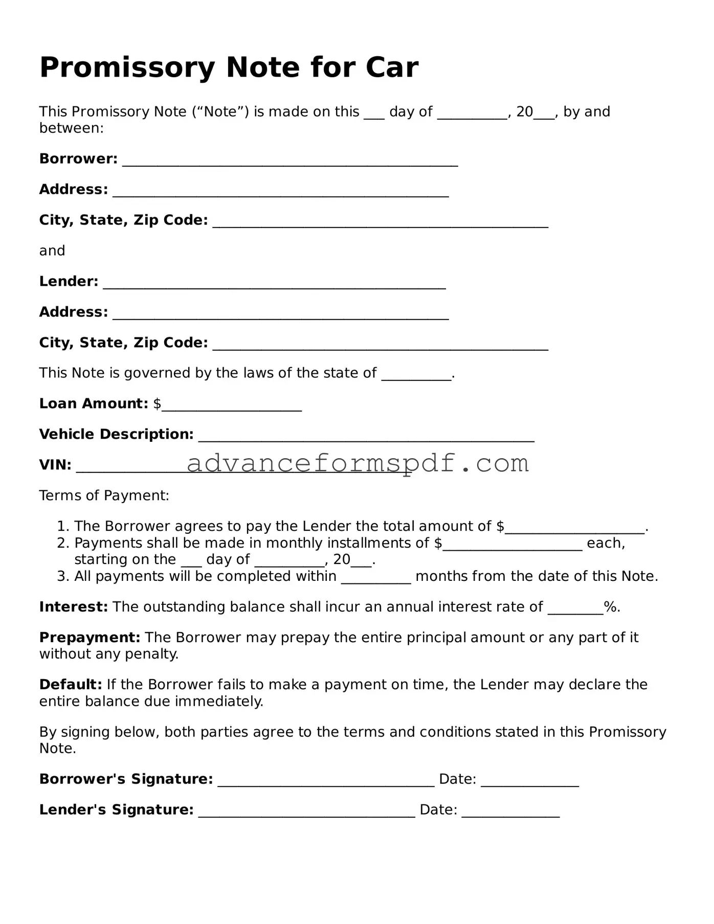 Free Promissory Note for a Car Document