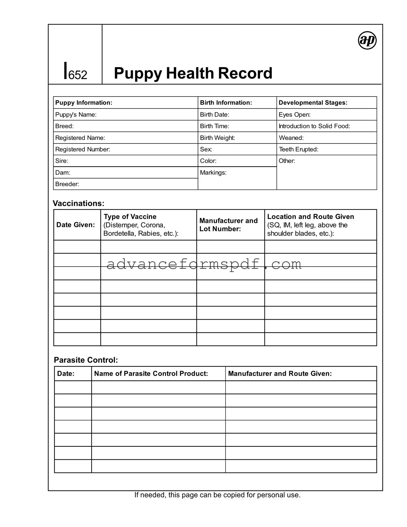 Download Puppy Health Record Form in PDF