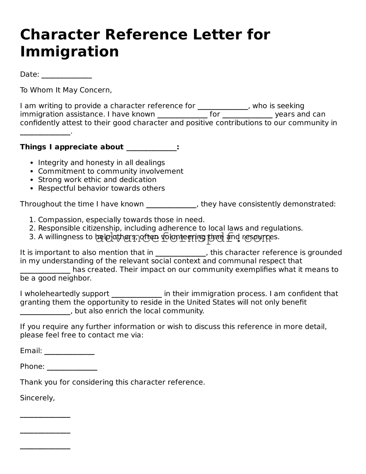 Free Character Reference Letter for Immigration Document