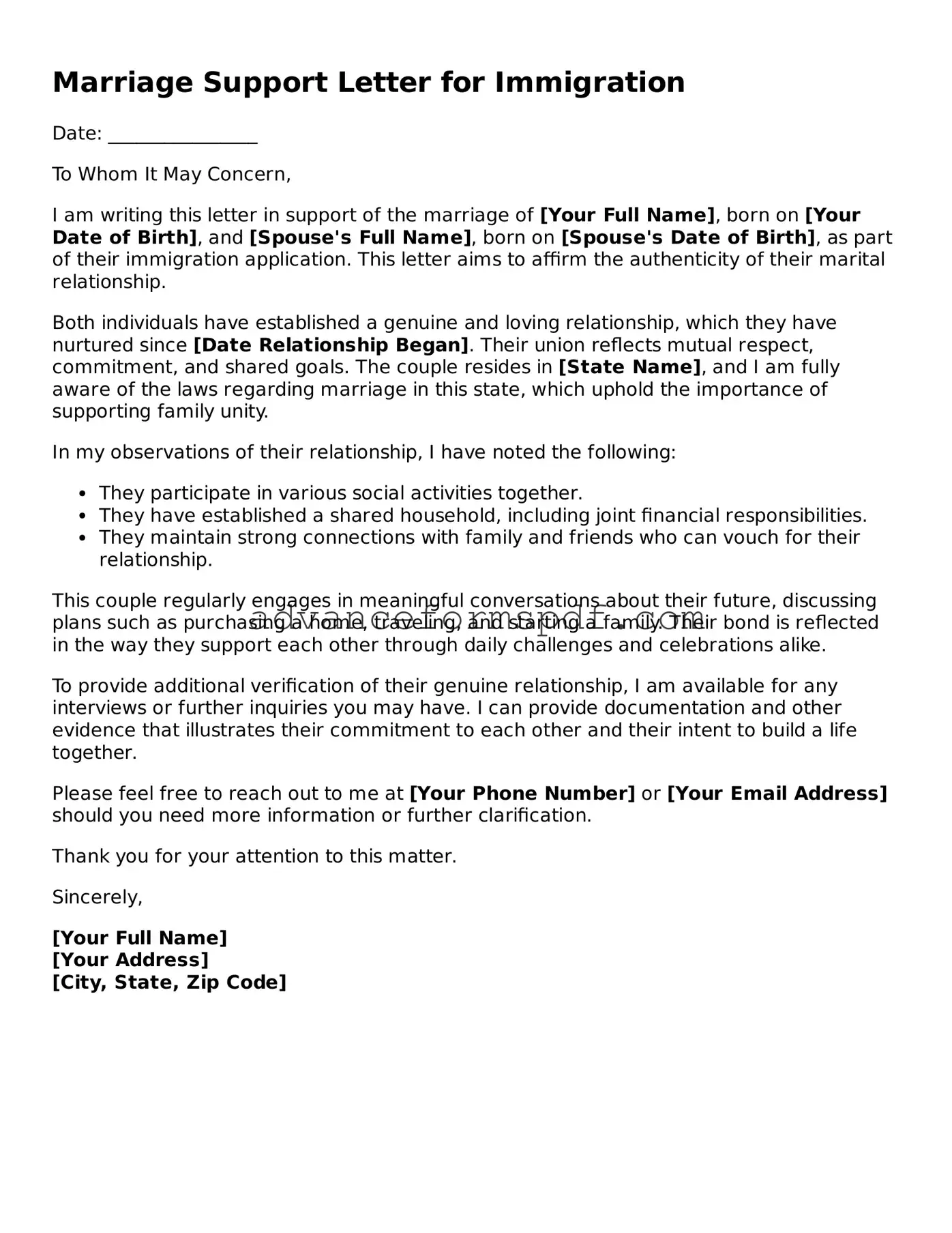 Free Marriage Support Letter for Immigration Document
