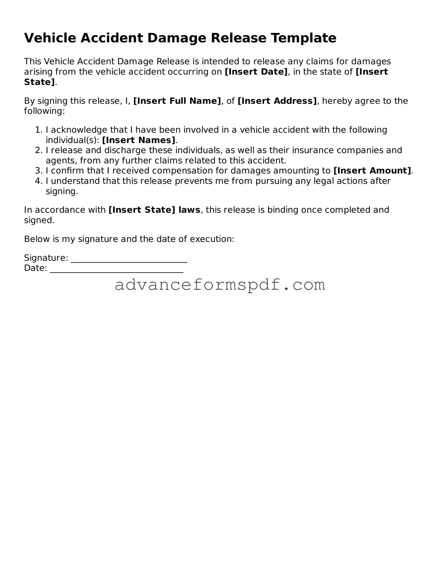Free Vehicle Accident Damage Release Document