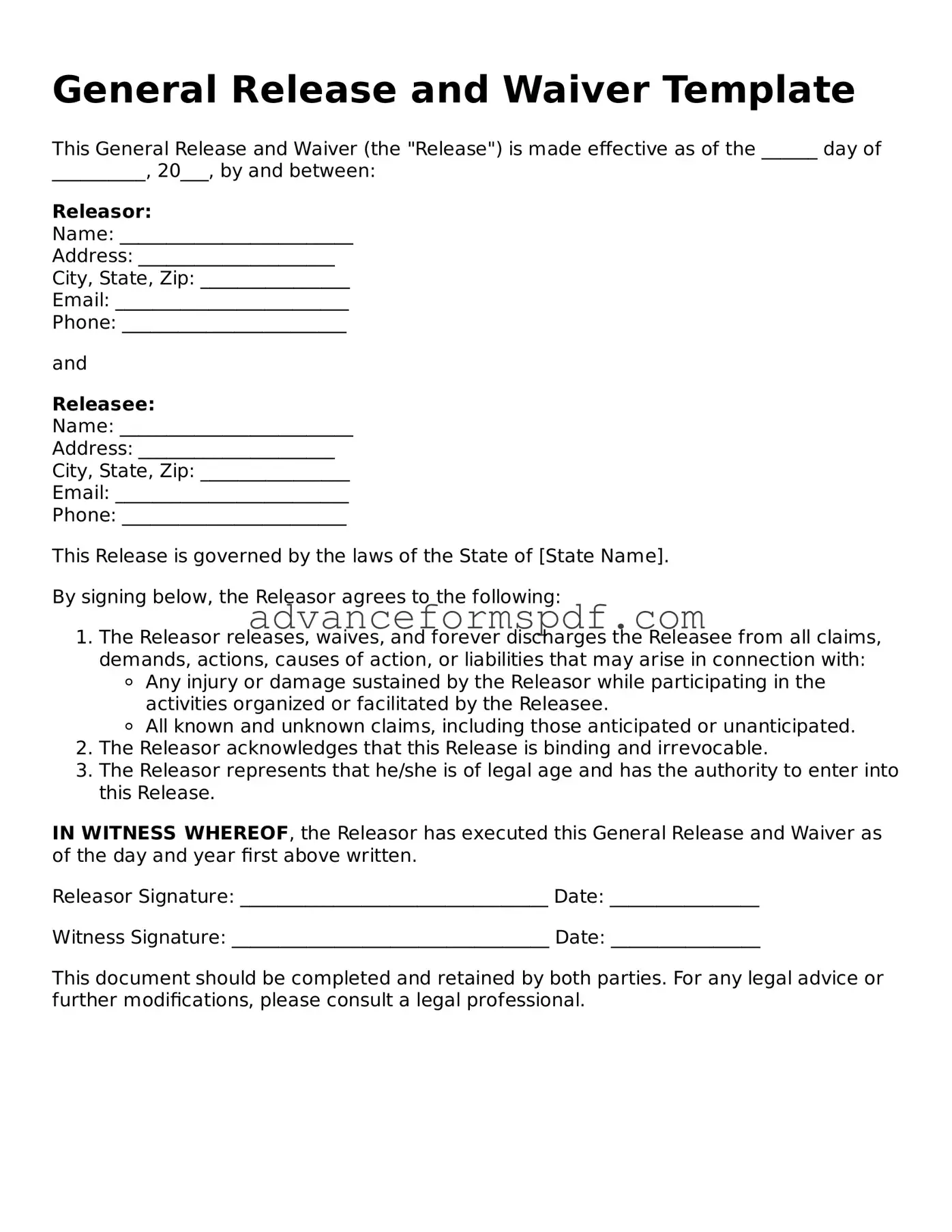 Free General Release and Waiver Document