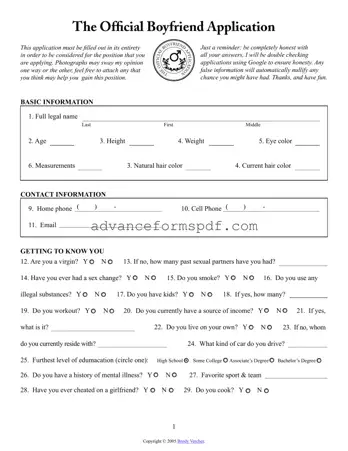 Download Boyfriend application form Form in PDF