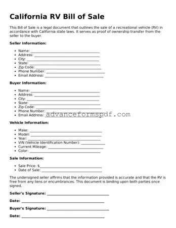 Valid RV Bill of Sale Form for the State of California