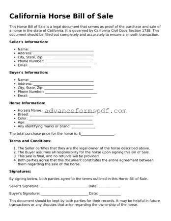 Valid Horse Bill of Sale Form for the State of California