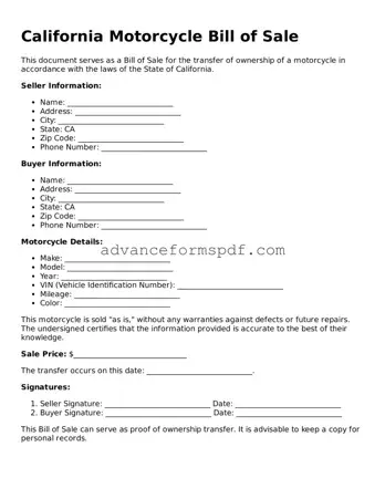 Valid Motorcycle Bill of Sale Form for the State of California