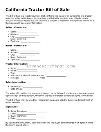 Valid Tractor Bill of Sale Form for the State of California