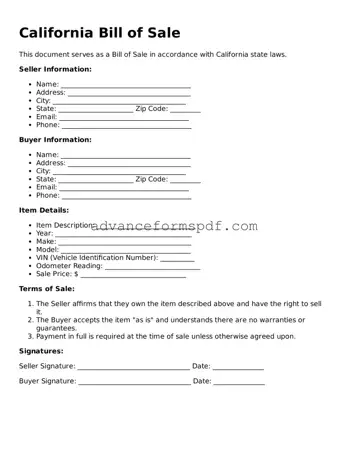Valid Bill of Sale Form for the State of California