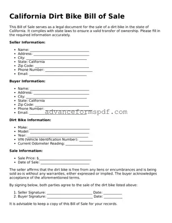 Valid Dirt Bike Bill of Sale Form for the State of California