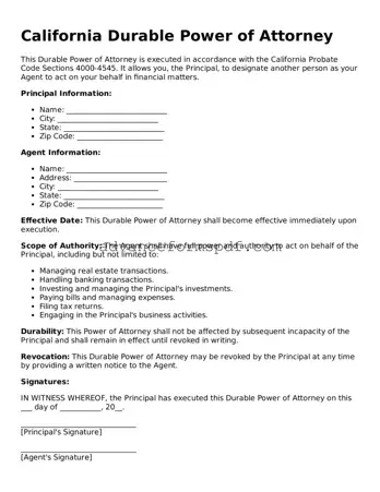 Valid Durable Power of Attorney Form for the State of California
