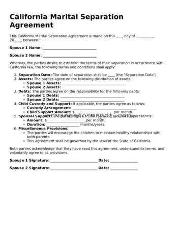 Valid Marital Separation Agreement Form for the State of California