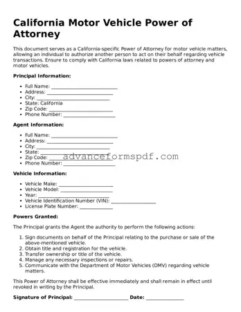 Valid Motor Vehicle Power of Attorney Form for the State of California