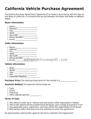 Valid Vehicle Purchase Agreement Form for the State of California