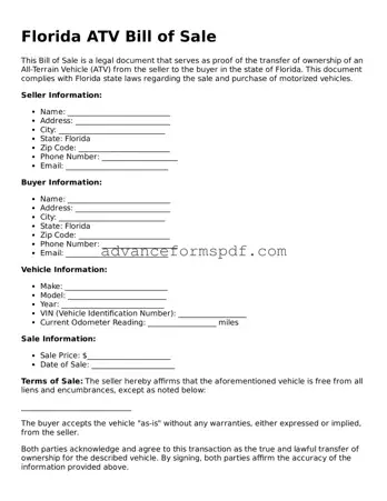Valid ATV Bill of Sale Form for the State of Florida