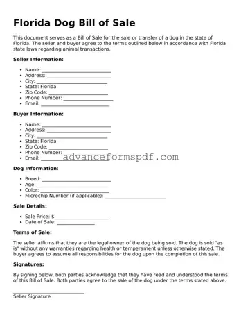 Valid Dog Bill of Sale Form for the State of Florida