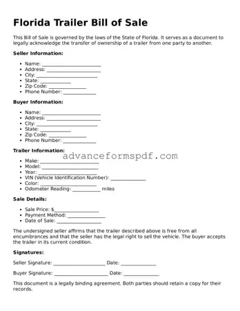 Valid Trailer Bill of Sale Form for the State of Florida