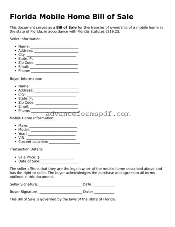 Valid Mobile Home Bill of Sale Form for the State of Florida