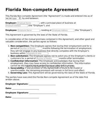 Valid Non-compete Agreement Form for the State of Florida