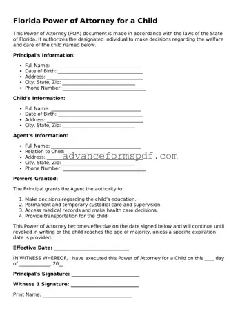 Valid Power of Attorney for a Child Form for the State of Florida